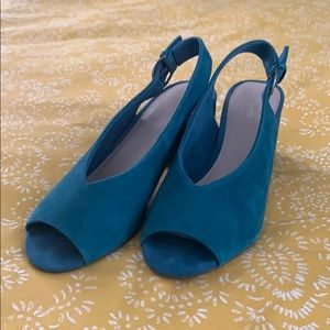 Blue suede sling back heels